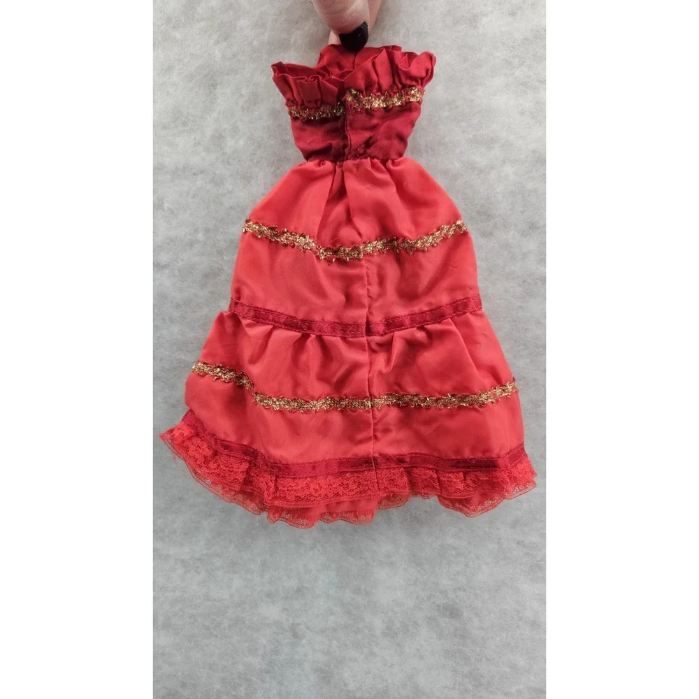 Barbie Sized Christmas Gown Red‎ Gold Holiday Dress Clothes Vtg DRESS ONLY